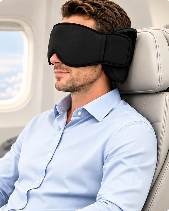 Homem dormindo na poltrona do avião com a máscara 3D presa ao encosto