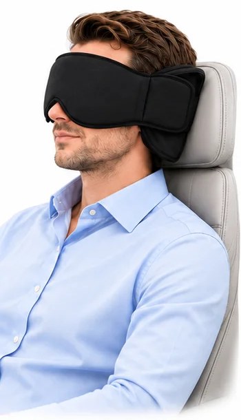 Homem dormindo com a cabeça apoiada no encosto, usando a máscara 3D